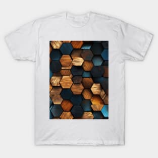 Geometric Timber: Crystalline Hexagons in Amber and Blue T-Shirt